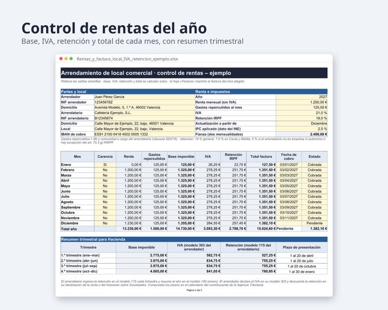 Arrendamiento de local comercial, contrato Word + Excel | Spanish, IVA y retención 19 %, factura (Digital Download) image 6