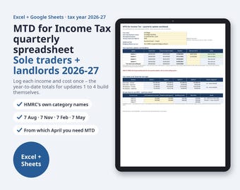 MTD for Income Tax Spreadsheet 2026-27, Sole Trader & Landlord | Quarterly Update Totals, HMRC Categories, Excel Bridging Log