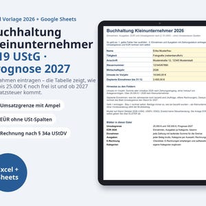 Buchhaltung Kleinunternehmer Excel 2026 | Umsatzgrenze § 19 UStG mit Prognose 2027, EÜR ohne USt-Spalten, Rechnung (Digital Download)