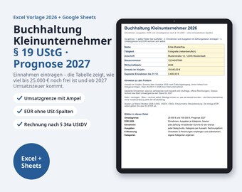 Buchhaltung Kleinunternehmer Excel 2026 | Umsatzgrenze § 19 UStG mit Prognose 2027, EÜR ohne USt-Spalten, Rechnung (Digital Download)