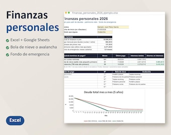 May include: A digital personal finance spreadsheet template titled Finanzas personales 2026. The document includes tables for debt tracking, payment methods like snowball or avalanche, and a line graph showing total debt reduction over five years.