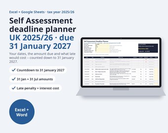 Self Assessment Deadline Planner 2025/26 UK, Due 31 January 2027 | Late Filing Penalty Checker, Payments on Account, A4 Wall Planner