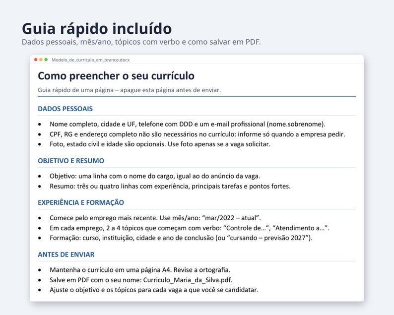Modelo de currículo Word 2026 formato Brasil | Portuguese, Exemplo preenchido, modelo em branco (Digital Download) image 4
