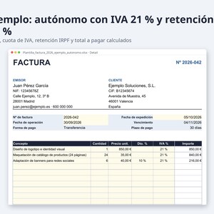 Plantilla factura Excel España 2026 | Spaans, IVA 21, 10 jaar 4 % (digitale download) afbeelding 8