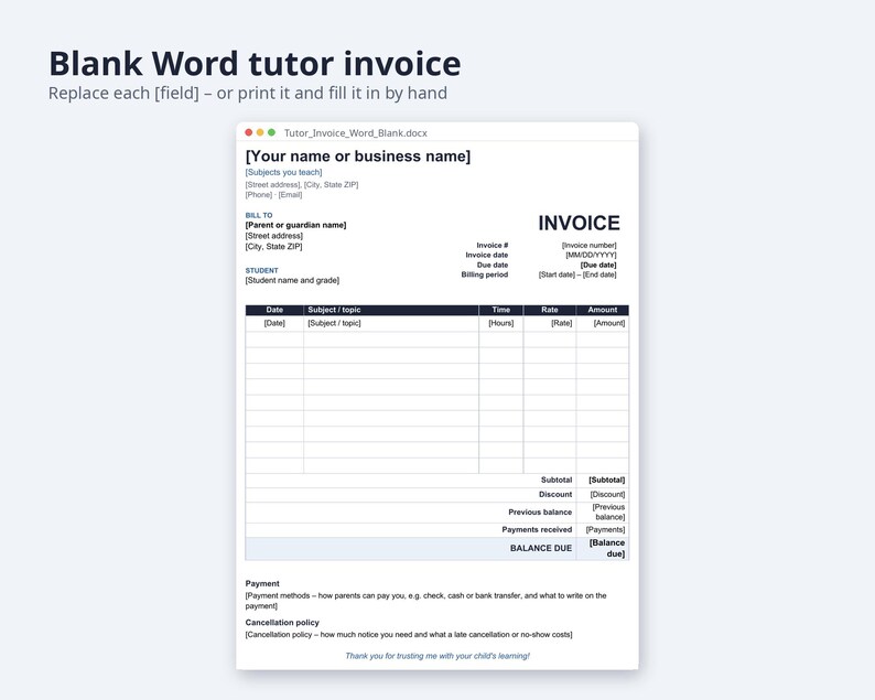 Tutor Invoice Template Excel and Word | Tutoring Invoice, Hours Tutored, Sibling Discount (Digital Download) image 5