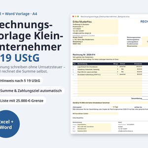 May include: A digital invoice template for small businesses in A4 format, compatible with Excel and Word. The document displays sender details, a line-item table with pricing, a total sum, and a section for bank information and tax exemption notes.