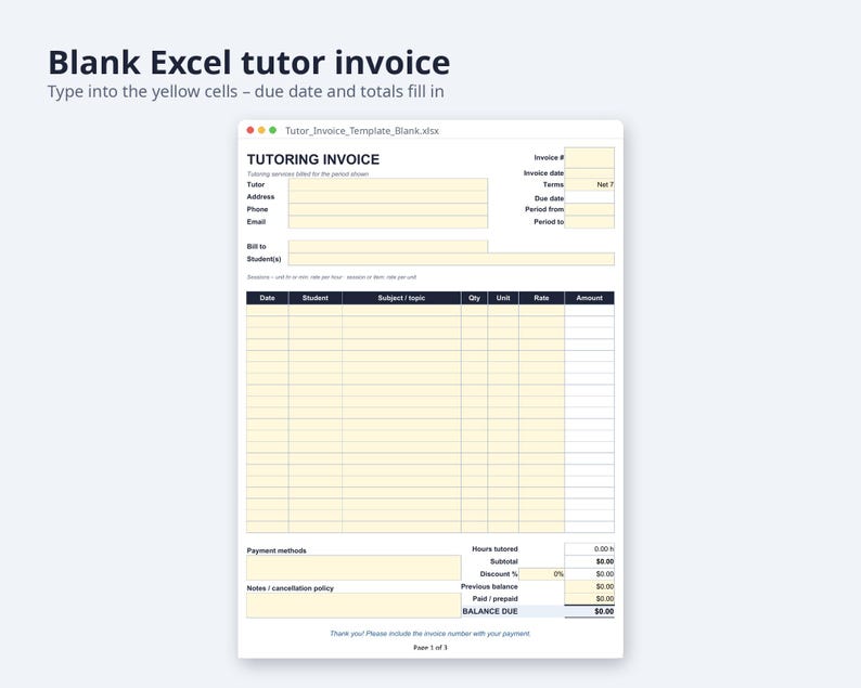 Tutor Invoice Template Excel and Word | Tutoring Invoice, Hours Tutored, Sibling Discount (Digital Download) image 4