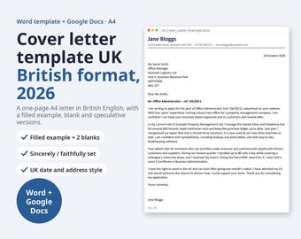 May include: A digital cover letter template for Word and Google Docs in A4 size, featuring a British format example. The text includes a sample letter from Jane Bloggs to Ms. Sarah Smith, detailing experience for an Office Administrator role.