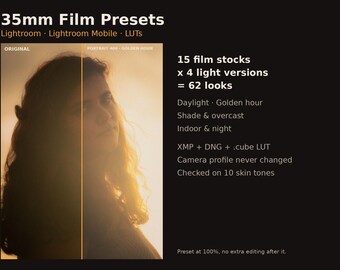 35mm Film Lightroom Presets, 62 Looks for Mobile & Desktop + LUTs, 15 Film Stocks in 4 Light Versions, XMP DNG Cube (Digital Download)