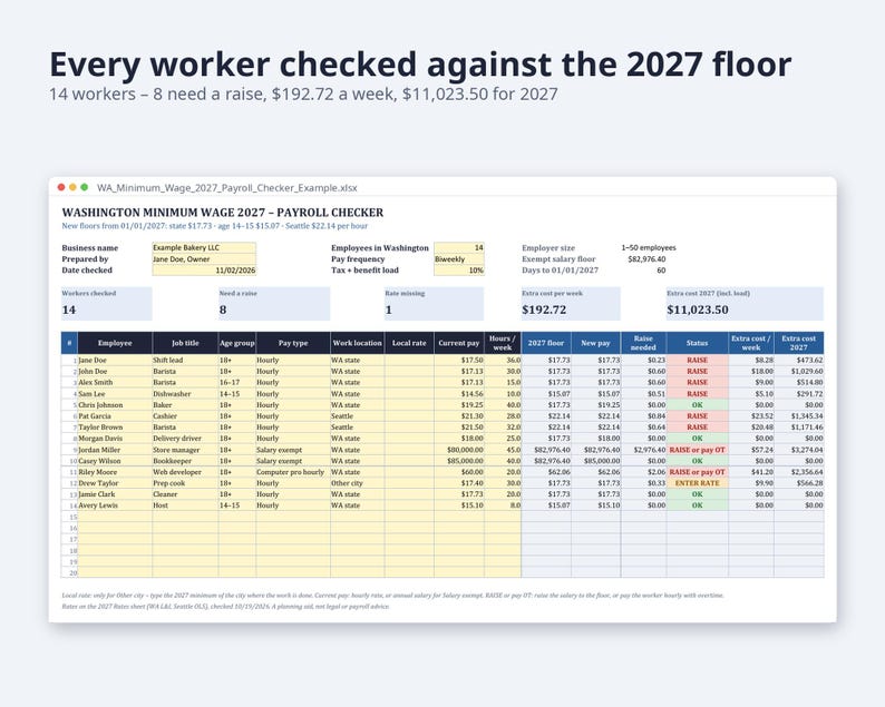 ワシントン州最低賃金2027年給与計算チェッカー｜Excel昇給計算ツール、従業員給与通知、雇用主チェックリスト（デジタルダウンロード） 画像 2