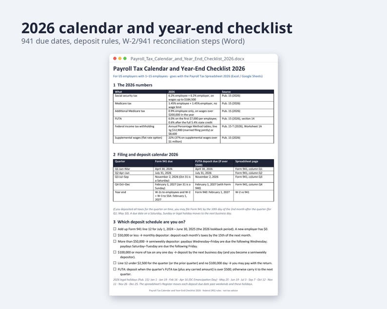 Payroll Tax Spreadsheet 2026 Excel | Form 941 vs W-2 Check, FICA & FUTA, Federal Withholding Pub 15-T (Digital Download) image 8