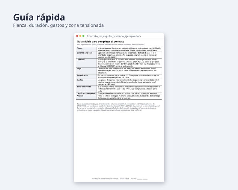 Contrato de alquiler de vivienda Word, LAU 2026 | Spanish, Ejemplo relleno, inventario Excel (Digital Download) image 8