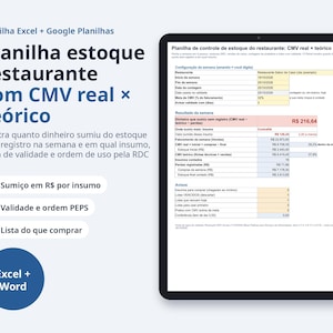 Planilha de controle de estoque restaurante com CMV | Portuguese, Ficha técnica, validade PEPS (Digital Download)