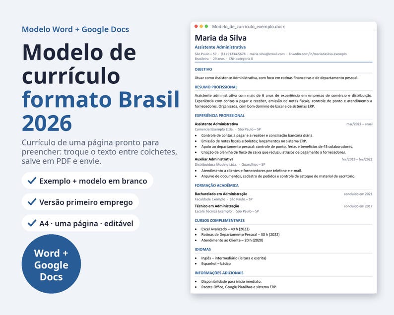 Modelo de currículo Word 2026 formato Brasil | Portuguese, Exemplo preenchido, modelo em branco (Digital Download) image 1