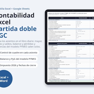 May include: A digital accounting template for Excel and Google Sheets displayed on a tablet screen. The interface shows a balance sheet with columns for assets, liabilities, and equity, featuring text in Spanish and numerical financial data.