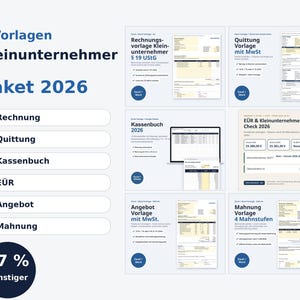 May include: A digital template bundle for small businesses titled 6 Vorlagen Kleinunternehmer Paket 2026. It includes Excel and Word documents for invoices, receipts, cash books, EÜR, quotes, and payment reminders with a 57% discount badge.