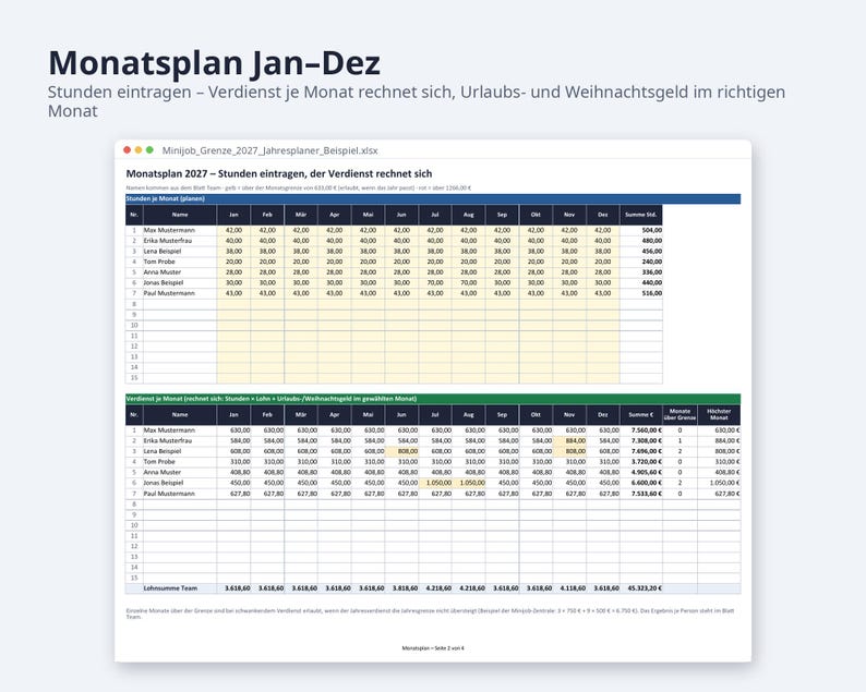 Minijob Grenze 2027 Jahresplaner Excel | German, mehrere Minijobber, Weihnachtsgeld-Check (Digital Download) image 3