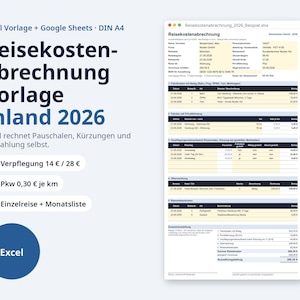 May include: A digital travel expense report template for Excel and Google Sheets in DIN A4 format. The document, titled Reisekostenabrechnung 2026, features sections for travel dates, private vehicle mileage, meal allowances, and accommodation costs.