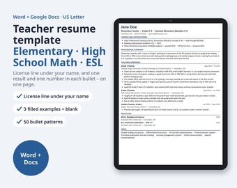 Elementary Teacher Resume Template + High School Math, ESL Examples | 50 Bullet Library, Cover Letter, Word and Google Docs