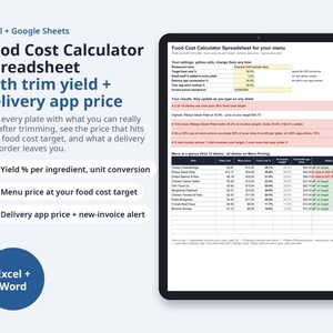 Food Cost Calculator Spreadsheet with Yield | Recipe Costing, Menu Price, Delivery App Price (Digital Download) image 1
