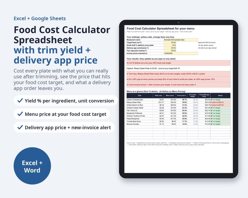 Food Cost Calculator Spreadsheet with Yield | Recipe Costing, Menu Price, Delivery App Price (Digital Download) image 1