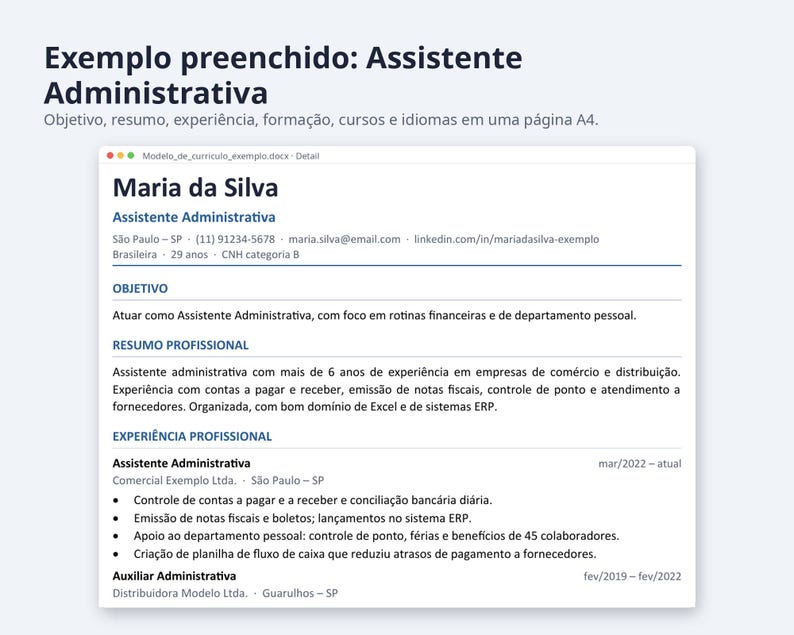 Modelo de currículo Word 2026 formato Brasil | Portuguese, Exemplo preenchido, modelo em branco (Digital Download) image 7