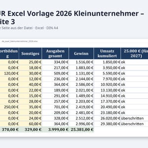 EÜR Excel Vorlage 2026 Kleinunternehmer | Einnahmen Ausgaben Tabelle mit Grenzen Check 25.000 und 100.000 Euro | Sofort Download image 7