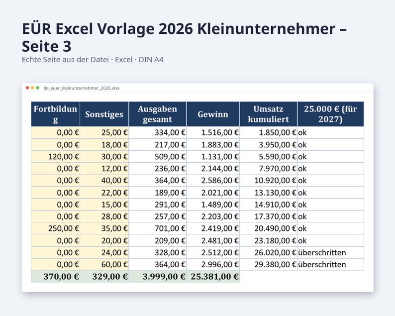 EÜR Excel Vorlage 2026 Kleinunternehmer | Einnahmen Ausgaben Tabelle mit Grenzen Check 25.000 und 100.000 Euro | Sofort Download image 7