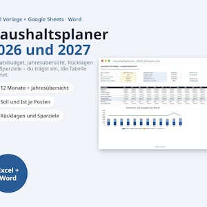 May include: A digital household budget planner for 2026 and 2027 compatible with Excel, Google Sheets, and Word. The interface displays a yearly overview, monthly budget tracking, savings goals, and reserve funds with a data chart.