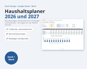 May include: A digital household budget planner for 2026 and 2027 compatible with Excel, Google Sheets, and Word. The interface displays a yearly overview, monthly budget tracking, savings goals, and reserve funds with a data chart.