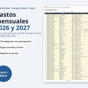 May include: A digital spreadsheet template for Excel, Google Sheets, and Word titled Gastos mensuales 2026 y 2027. The document features a detailed table for tracking monthly expenses with columns for date, category, description, amount, and payment method.