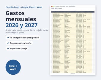 May include: A digital spreadsheet template for Excel, Google Sheets, and Word titled Gastos mensuales 2026 y 2027. The document features a detailed table for tracking monthly expenses with columns for date, category, description, amount, and payment method.