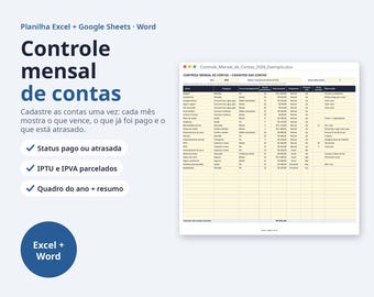 May include: A digital monthly bill tracking spreadsheet template for Excel, Google Sheets, and Word. The interface displays a table titled Controle mensal de contas with columns for expenses, categories, payment methods, due dates, and status.