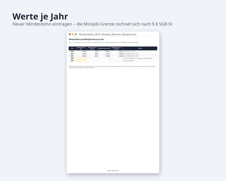 Mindestlohn 2027 Minijob Rechner Excel | German, 14,60 EUR Stundenlohn, 633 EUR Grenze (Digital Download) image 8