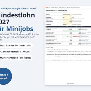 Mindestlohn 2027 Minijob Rechner Excel | German, 14,60 EUR Stundenlohn, 633 EUR Grenze (Digital Download) image 1