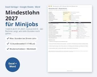 May include: A digital document template for calculating 2027 minimum wage for minijobs, featuring an Excel spreadsheet preview, text in German, and checkmarks for features like hourly wage calculators and time tracking sheets.