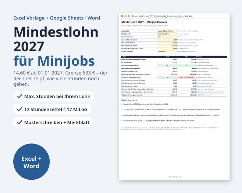 Mindestlohn 2027 Minijob Rechner Excel | German, 14,60 EUR Stundenlohn, 633 EUR Grenze (Digital Download) image 1