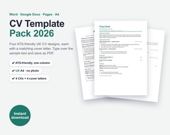 CV Template UK 2026 | ATS Friendly + Cover Letter, Word, Google Docs (Digital Download)