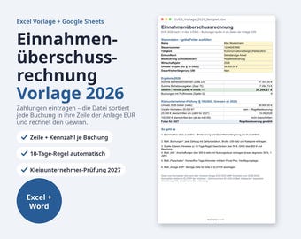 May include: A digital spreadsheet template for 2026 income surplus calculations, featuring a white interface with blue text. It includes sections for master data, annual results, and small business checks, with a blue circle icon labeled Excel + Word.