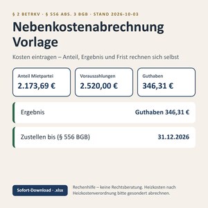 Nebenkostenabrechnung Excel Vorlage 2026 / Vermieter Betriebskostenabrechnung (Descarga digital) imagen 1