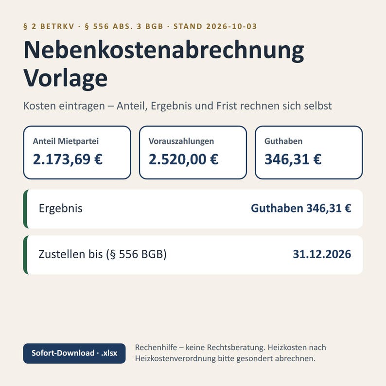 Nebenkostenabrechnung Excel Vorlage 2026 / Vermieter Betriebskostenabrechnung (Descarga digital) imagen 1