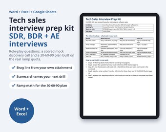 Tech Sales Interview Prep Kit for SDR, BDR + AE | Brag Book, Role-Play Scorecard, Mock Discovery Call, 30-60-90 Day Plan (Digital Download)