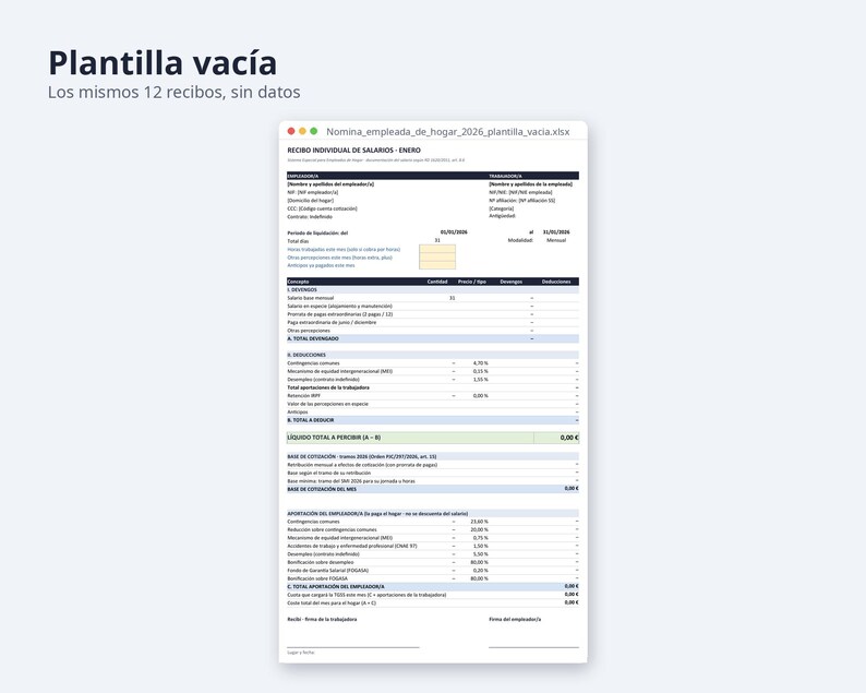 Nómina empleada de hogar rellenada 2026 | Spanish, Excel con cotización, 12 meses y plantilla vacía (Digital Download) image 6