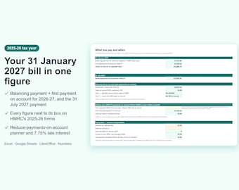 Self Assessment Workbook 2025-26 UK Excel | Sole Trader and Landlord Tax Calculator, Payments on Account, SA103S Boxes (Digital Download)