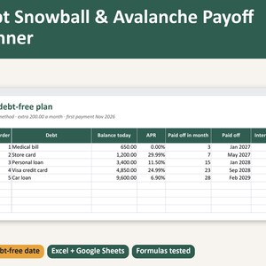May include: A digital debt snowball and avalanche payoff planner spreadsheet. The interface displays a table titled Your debt-free plan, listing debts like medical bills and loans with columns for balance, APR, and payoff dates.