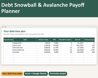 May include: A digital debt snowball and avalanche payoff planner spreadsheet. The interface displays a table titled Your debt-free plan, listing debts like medical bills and loans with columns for balance, APR, and payoff dates.