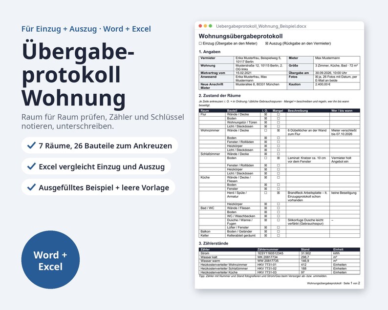 Vermieter Paket 2026 Word Excel | German, Mietvertrag, Übergabeprotokoll (Digital Download) image 3