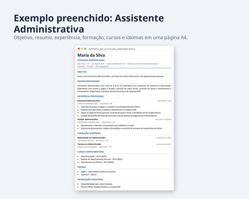 Modelo de currículo Word 2026 formato Brasil | Portuguese, Exemplo preenchido, modelo em branco (Digital Download) image 2