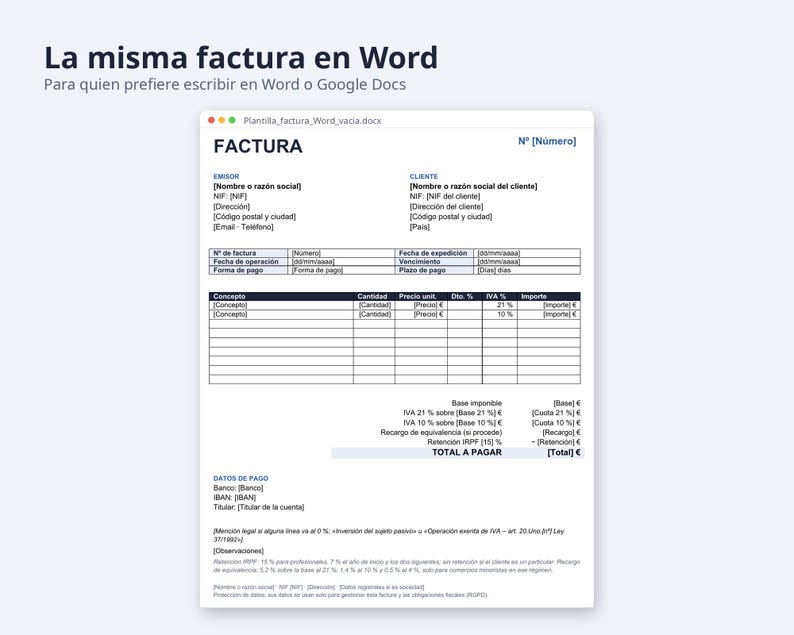 Plantilla factura Excel España 2026 | Spaans, IVA 21, 10 jaar 4 % (digitale download) afbeelding 6