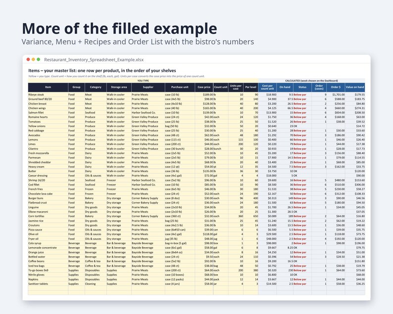 Restaurant Inventory Spreadsheet, Food Cost % Excel | Weekly Count Sheet, Par Levels, Recipe Costing, Waste Variance, Order List image 5